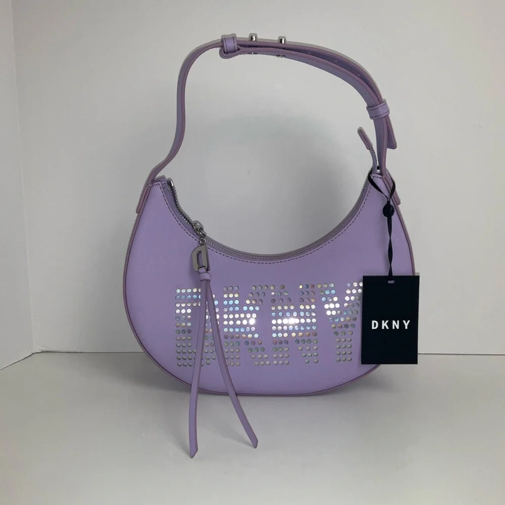 DKNY Essex Saffiano 100% Cow Leather Shoulder Bag in a purple colorway